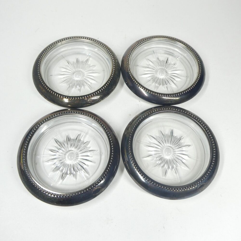4 Coasters Set Silverplate Rim Crystal W&S Blackington Vintage